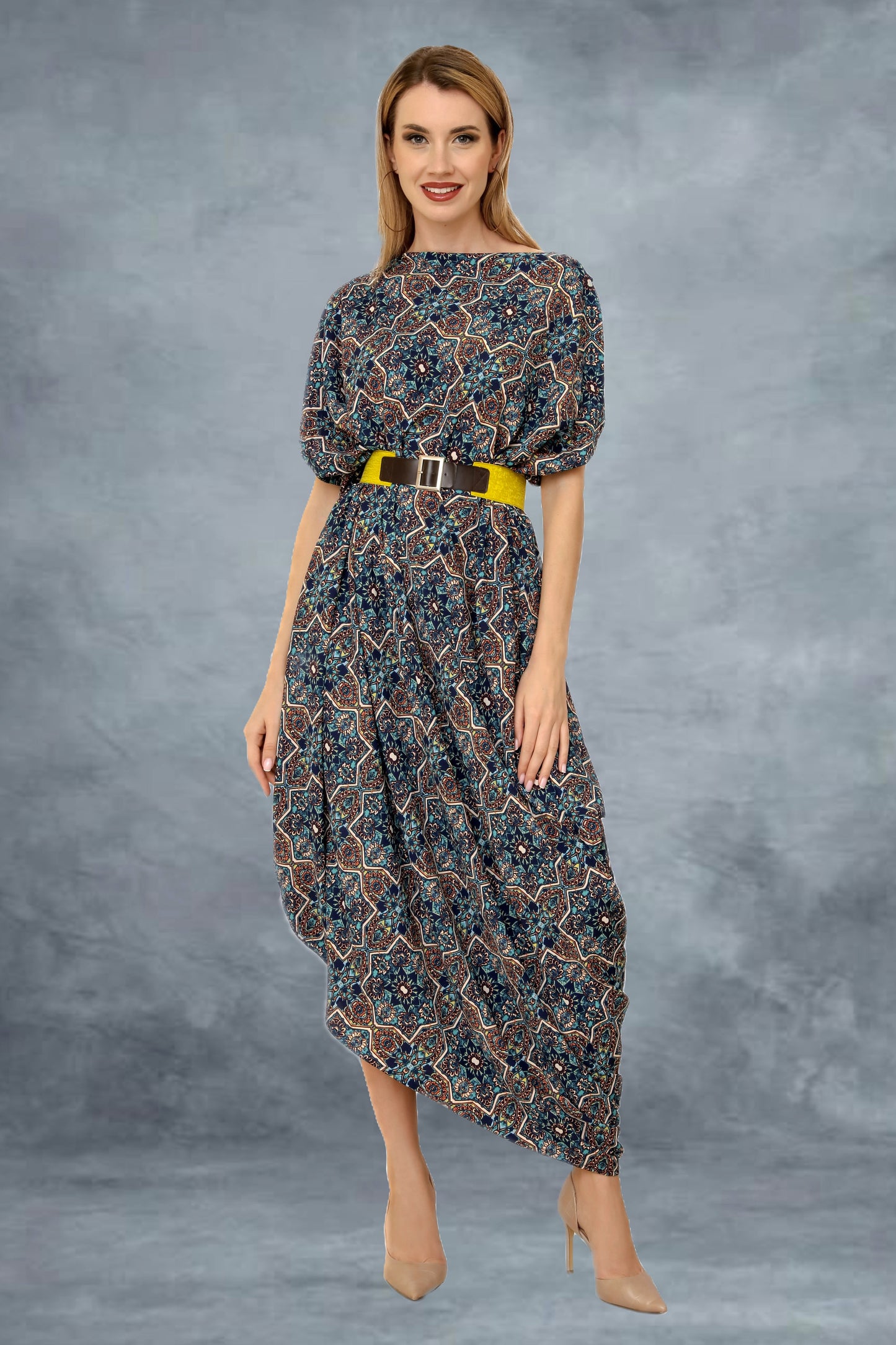 Print drape gown