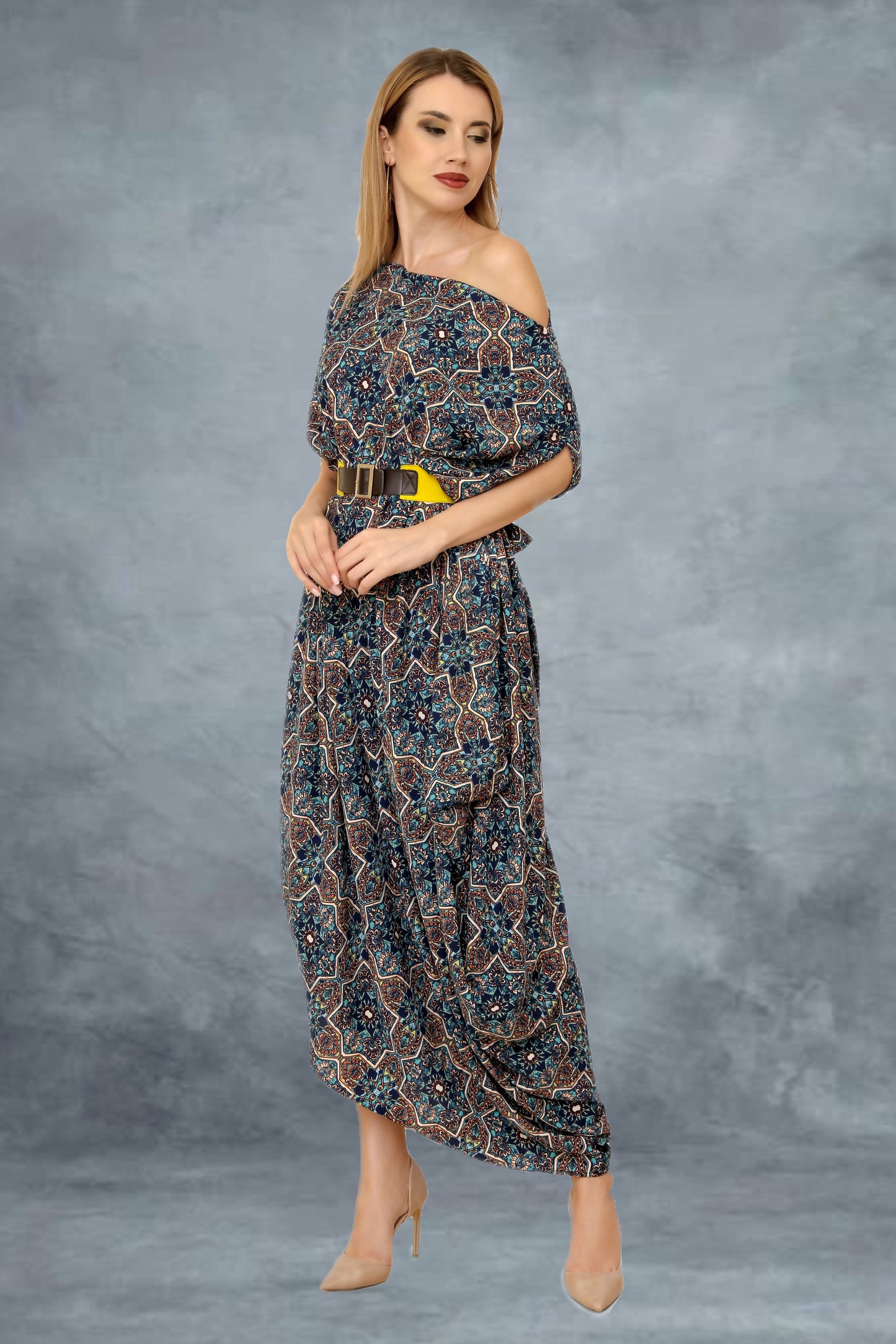 Print drape gown